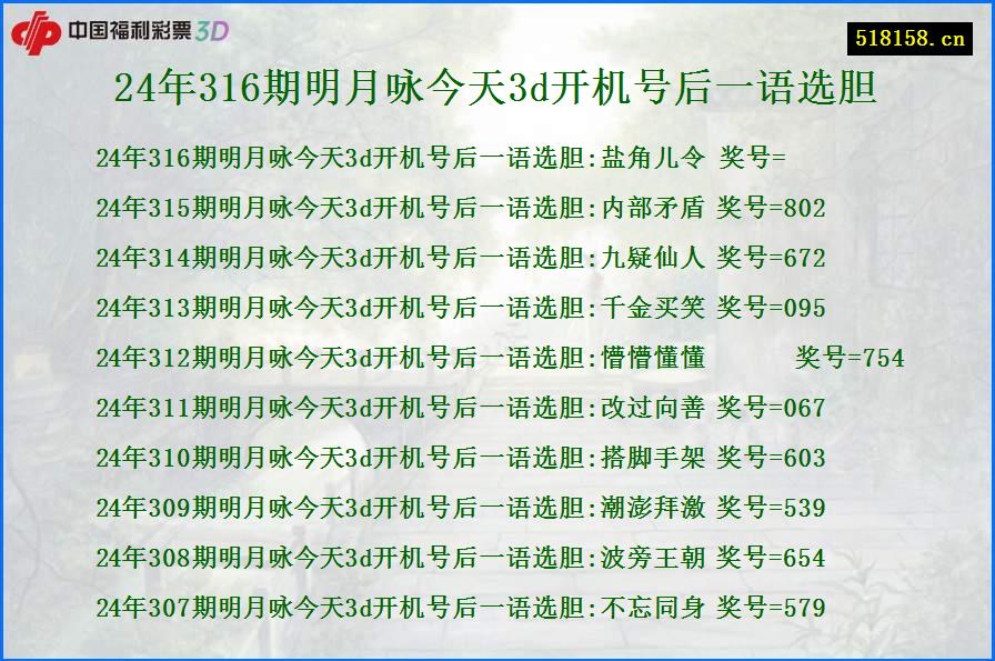 24年316期明月咏今天3d开机号后一语选胆