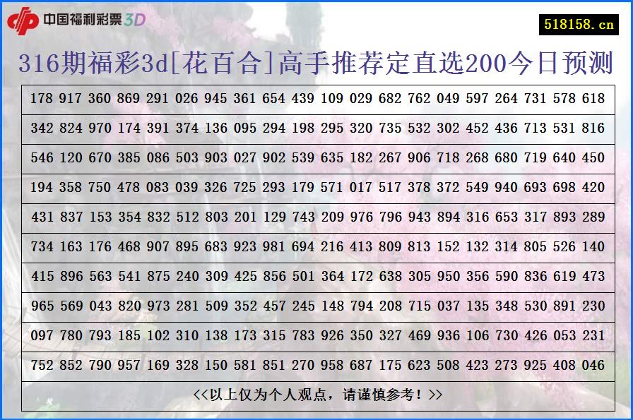 316期福彩3d[花百合]高手推荐定直选200今日预测