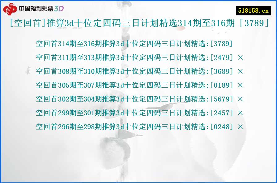 [空回首]推算3d十位定四码三日计划精选314期至316期「3789」