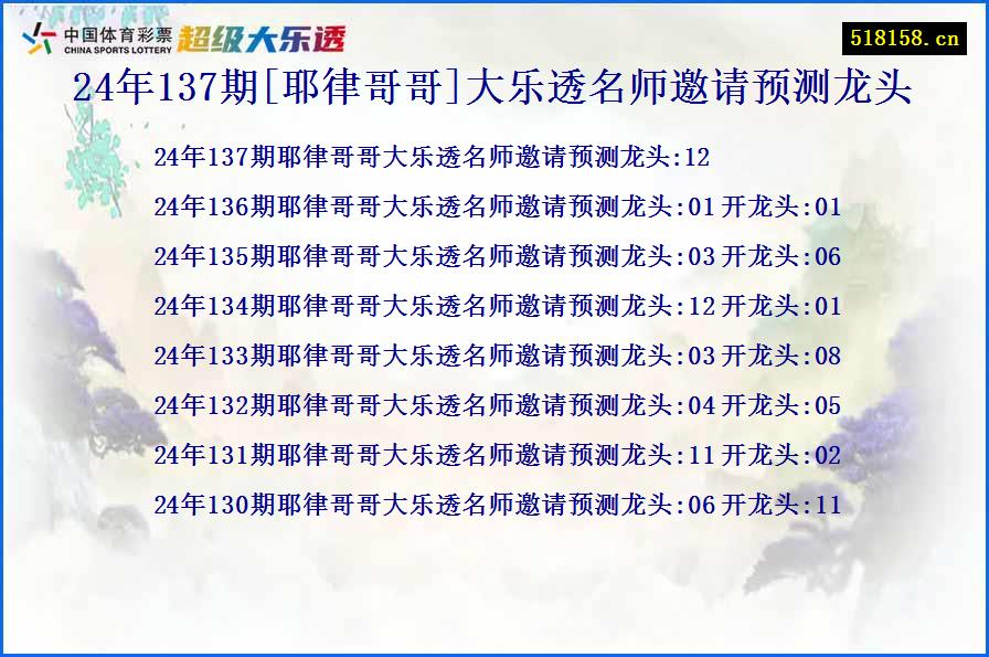 24年137期[耶律哥哥]大乐透名师邀请预测龙头