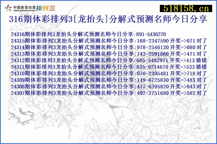 316期体彩排列3[龙抬头]分解式预测名师今日分享