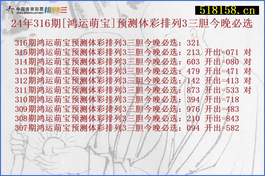 24年316期[鸿运萌宝]预测体彩排列3三胆今晚必选