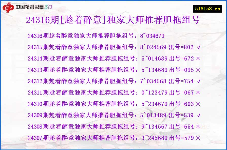 24316期[趁着醉意]独家大师推荐胆拖组号