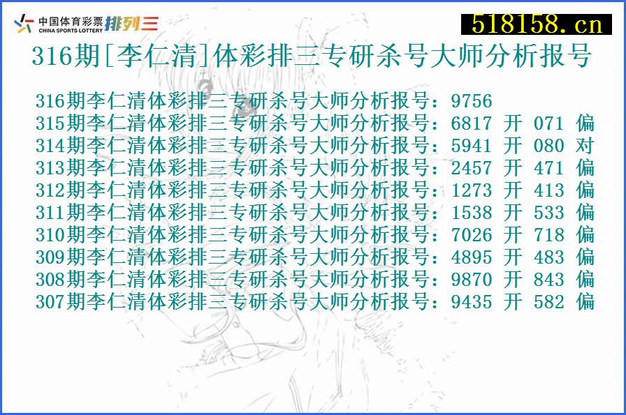 316期[李仁清]体彩排三专研杀号大师分析报号