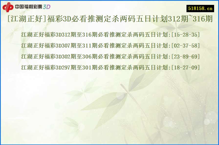 [江湖正好]福彩3D必看推测定杀两码五日计划312期~316期