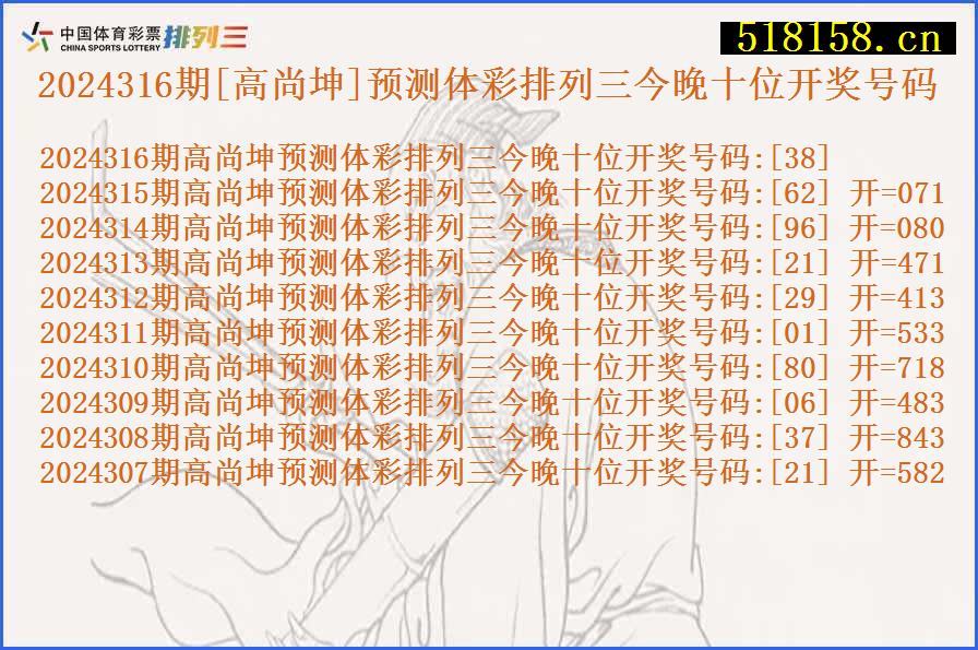 2024316期[高尚坤]预测体彩排列三今晚十位开奖号码