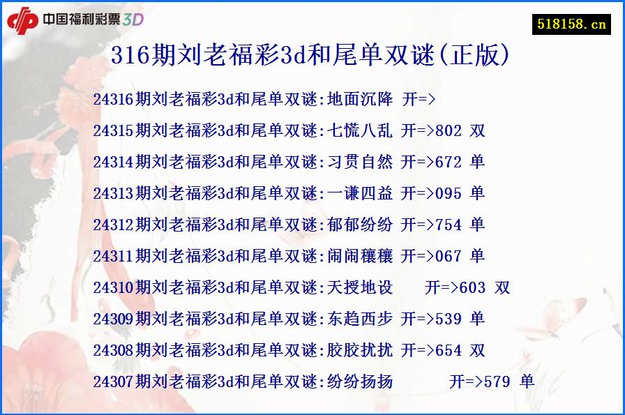 316期刘老福彩3d和尾单双谜(正版)