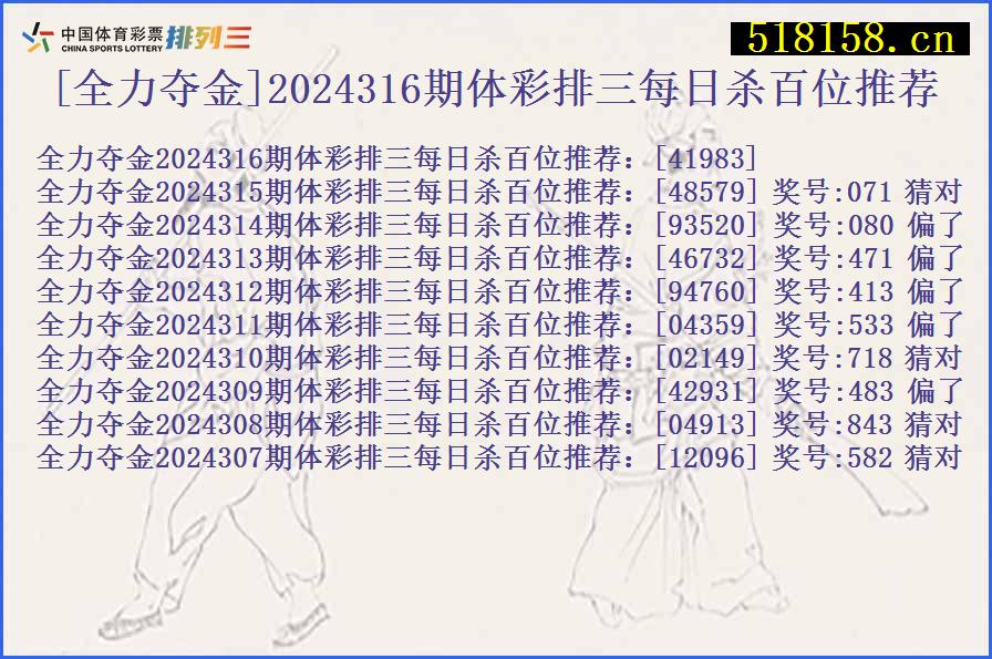 [全力夺金]2024316期体彩排三每日杀百位推荐