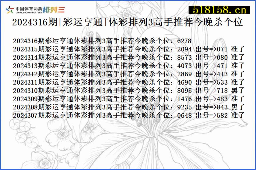 2024316期[彩运亨通]体彩排列3高手推荐今晚杀个位