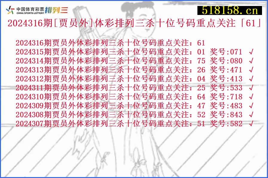 2024316期[贾员外]体彩排列三杀十位号码重点关注「61」