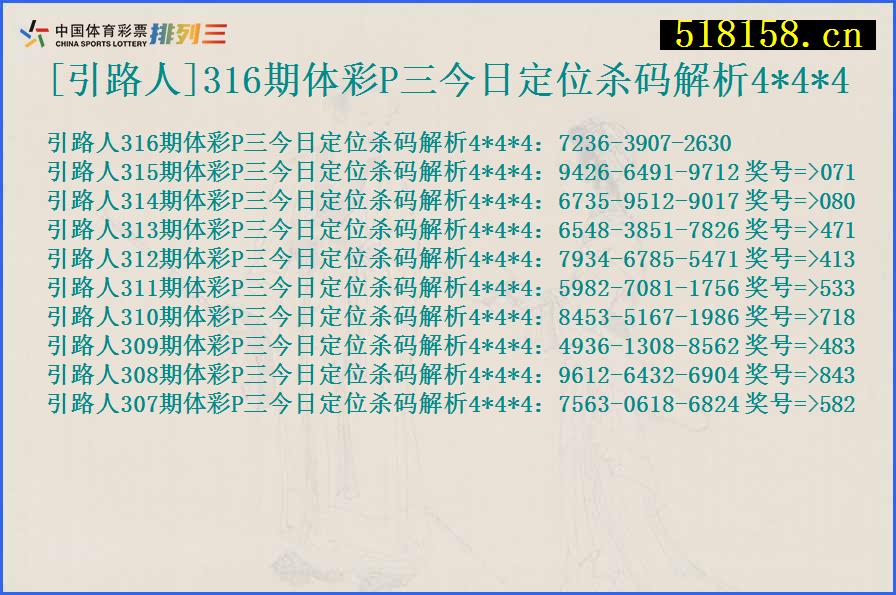 [引路人]316期体彩P三今日定位杀码解析4*4*4