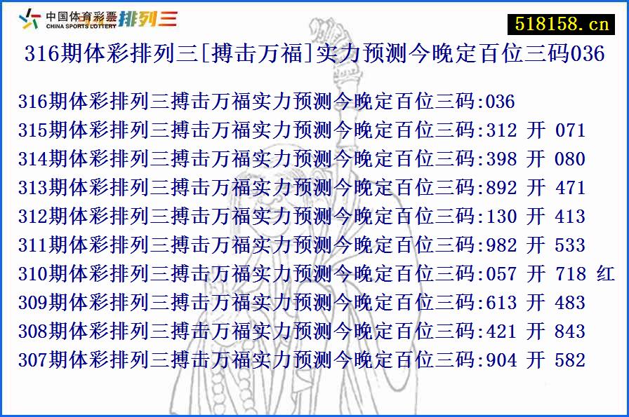 316期体彩排列三[搏击万福]实力预测今晚定百位三码036