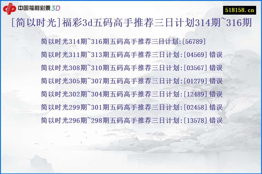 [简以时光]福彩3d五码高手推荐三日计划314期~316期