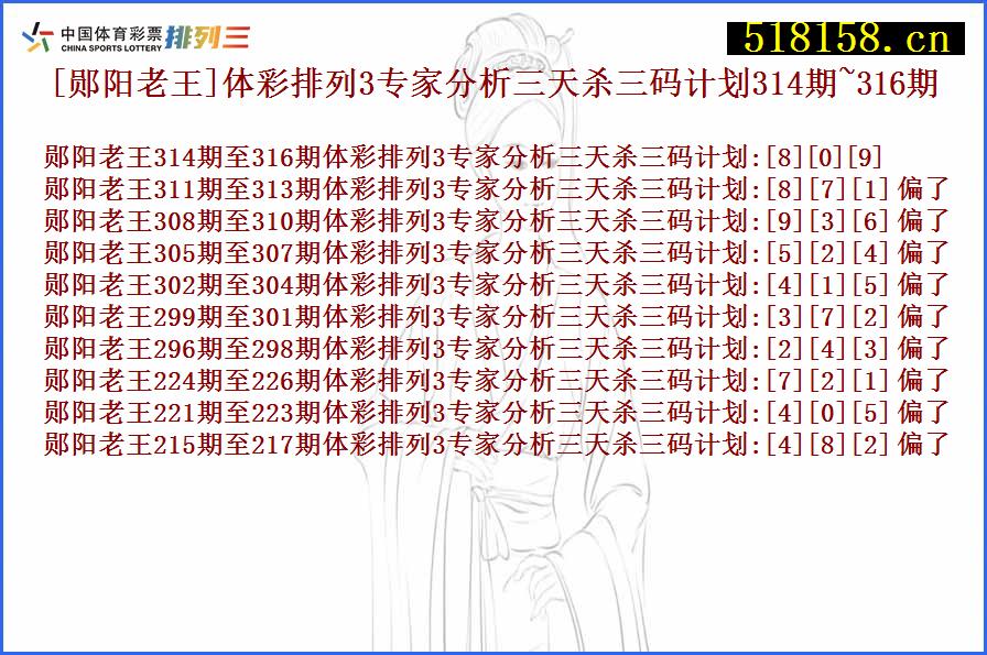 [郧阳老王]体彩排列3专家分析三天杀三码计划314期~316期