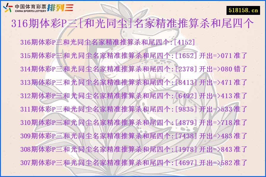 316期体彩P三[和光同尘]名家精准推算杀和尾四个