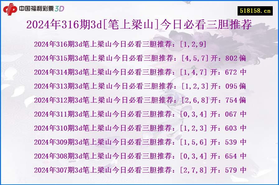 2024年316期3d[笔上梁山]今日必看三胆推荐