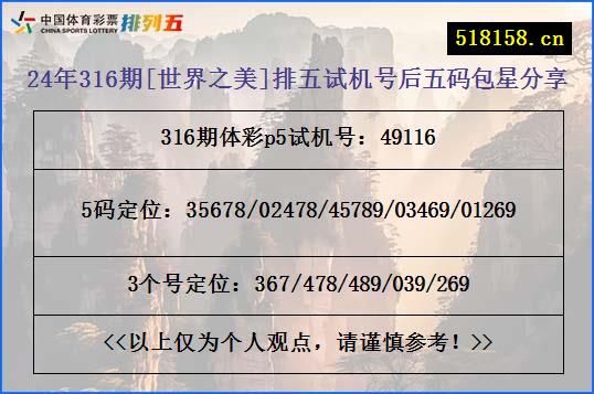 24年316期[世界之美]排五试机号后五码包星分享