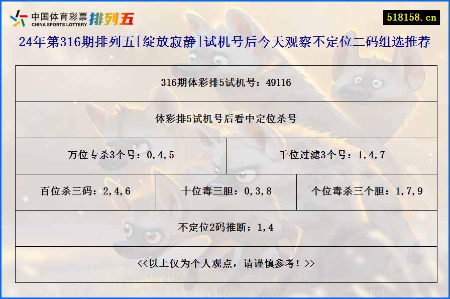 24年第316期排列五[绽放寂静]试机号后今天观察不定位二码组选推荐