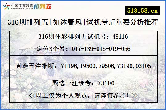 316期排列五[如沐春风]试机号后重要分析推荐