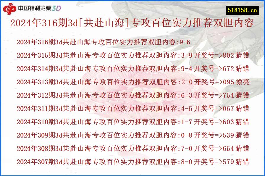 2024年316期3d[共赴山海]专攻百位实力推荐双胆内容