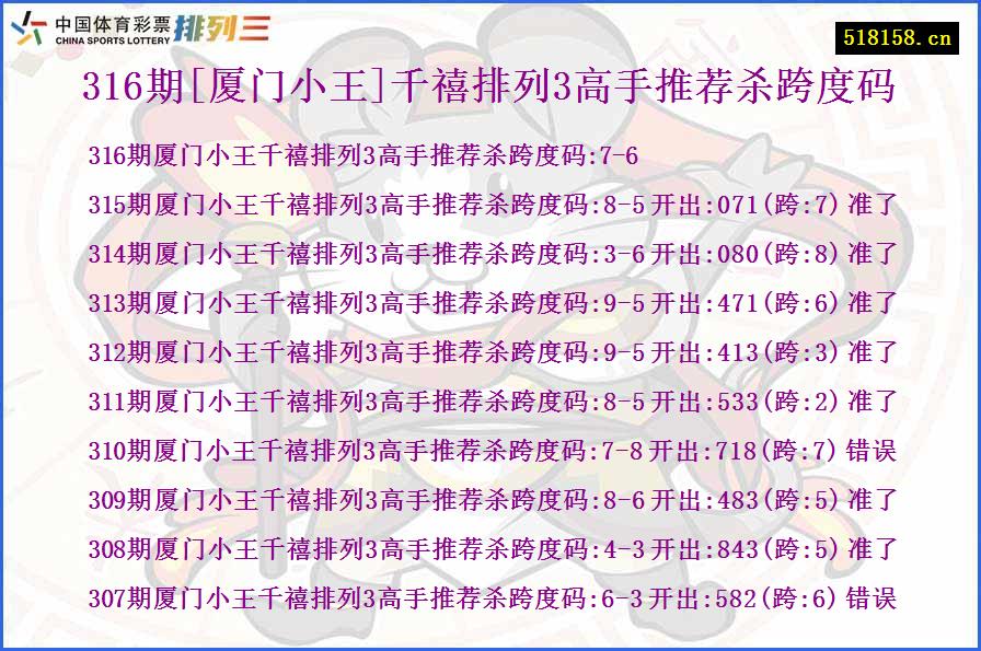 316期[厦门小王]千禧排列3高手推荐杀跨度码