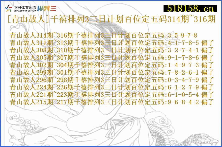 [青山故人]千禧排列3三日计划百位定五码314期~316期