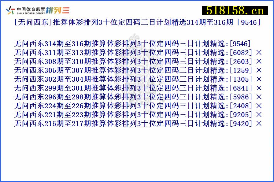 [无问西东]推算体彩排列3十位定四码三日计划精选314期至316期「9546」