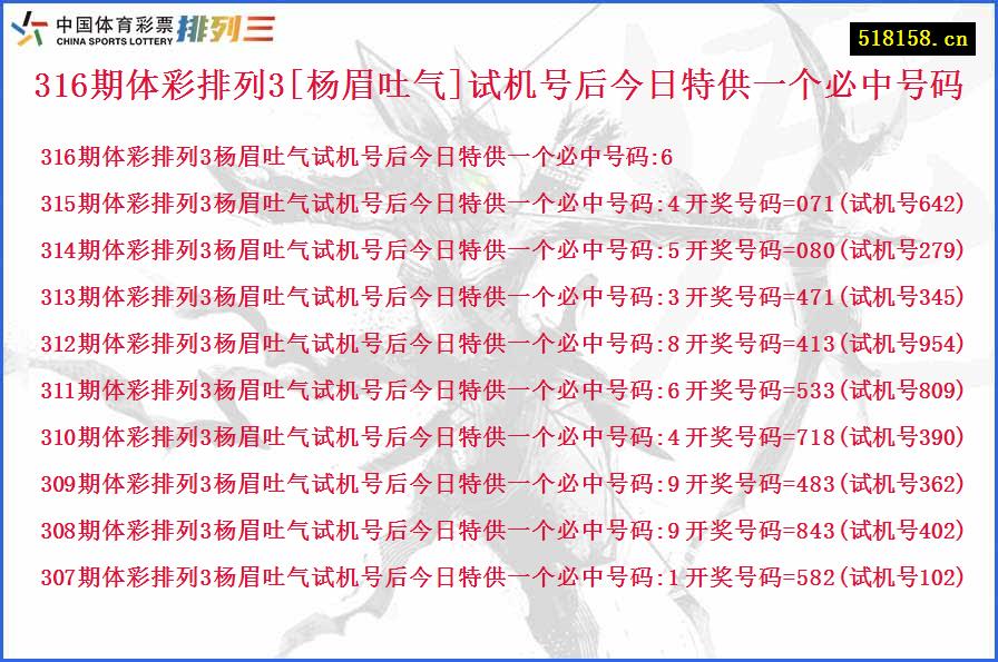 316期体彩排列3[杨眉吐气]试机号后今日特供一个必中号码