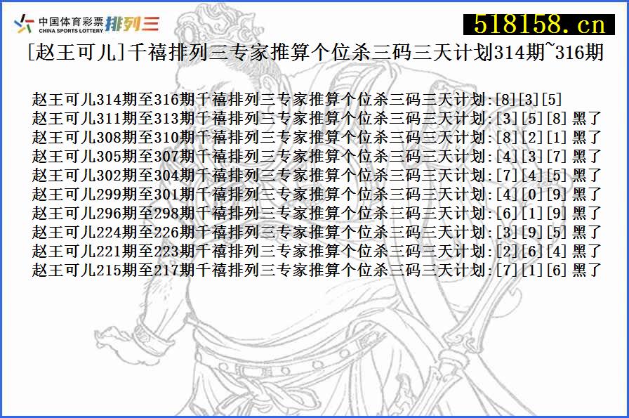 [赵王可儿]千禧排列三专家推算个位杀三码三天计划314期~316期