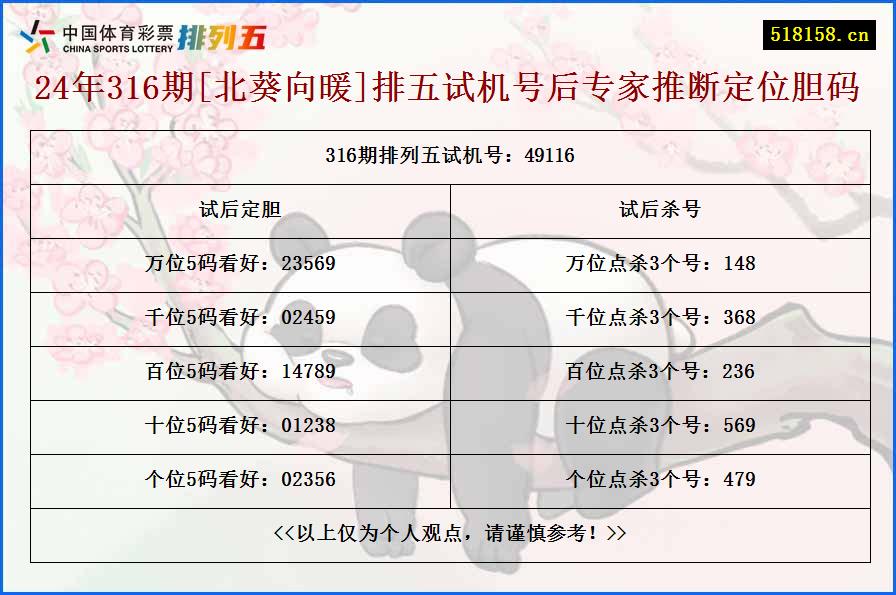 24年316期[北葵向暖]排五试机号后专家推断定位胆码