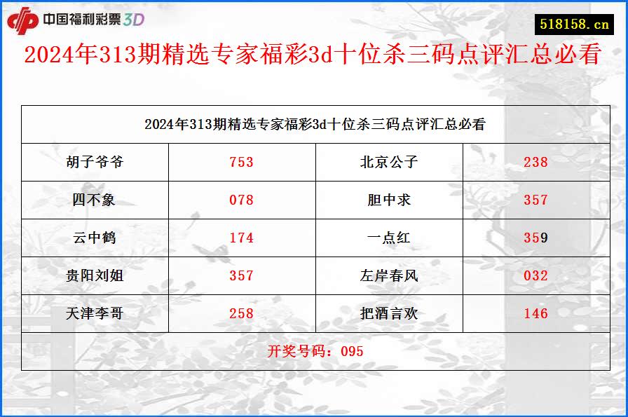 2024年313期精选专家福彩3d十位杀三码点评汇总必看