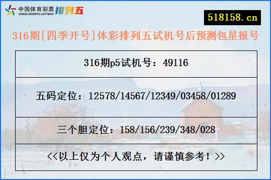 316期[四季开号]体彩排列五试机号后预测包星报号