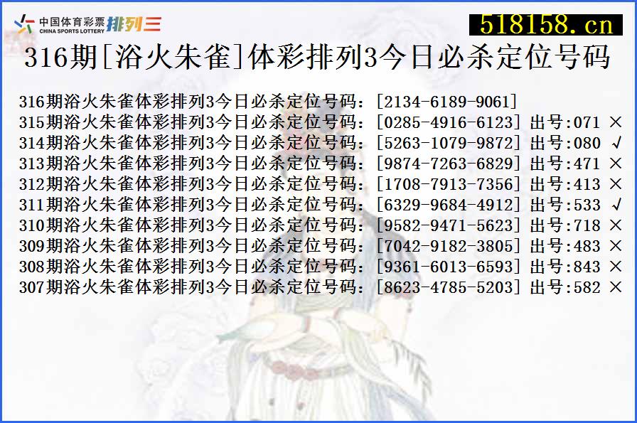 316期[浴火朱雀]体彩排列3今日必杀定位号码