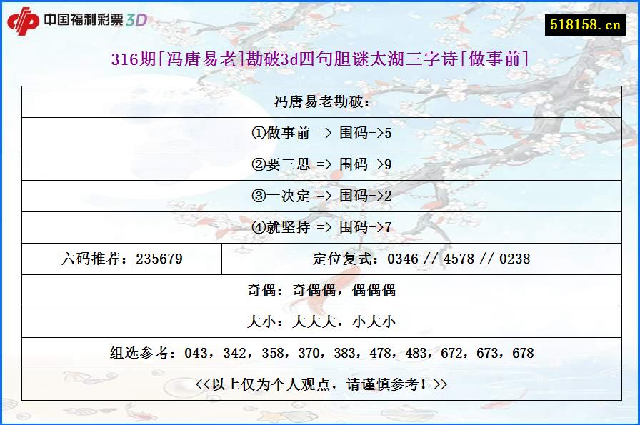 316期[冯唐易老]勘破3d四句胆谜太湖三字诗[做事前]