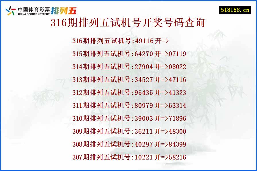 316期排列五试机号开奖号码查询