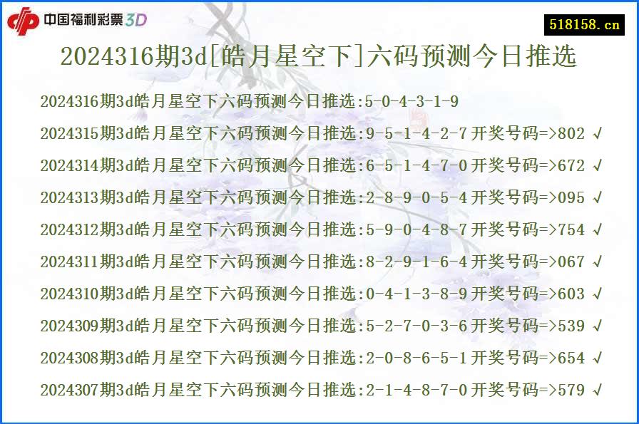 2024316期3d[皓月星空下]六码预测今日推选