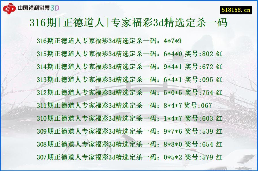 316期[正德道人]专家福彩3d精选定杀一码