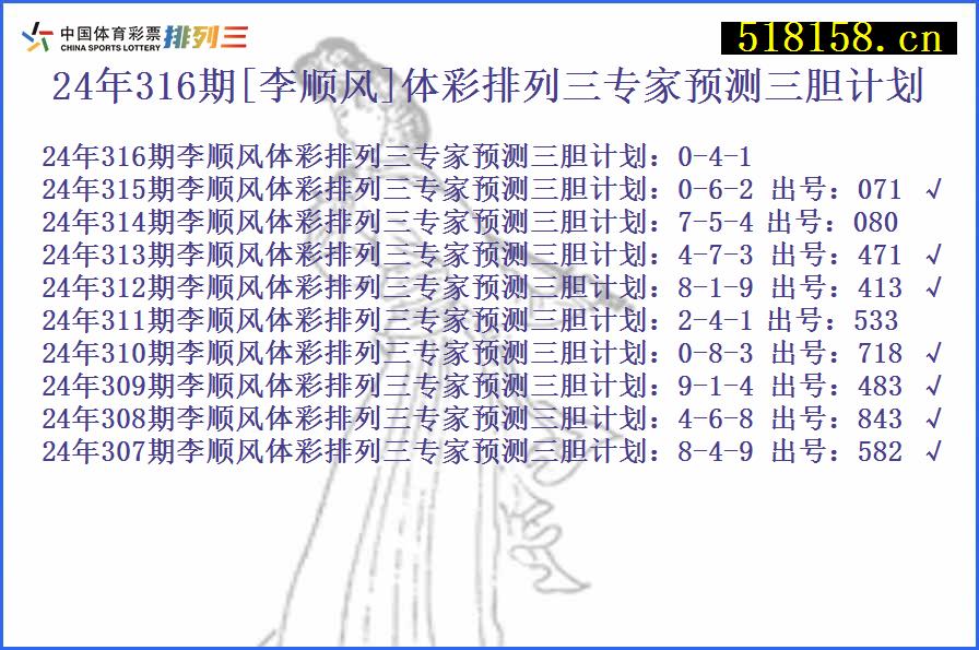 24年316期[李顺风]体彩排列三专家预测三胆计划