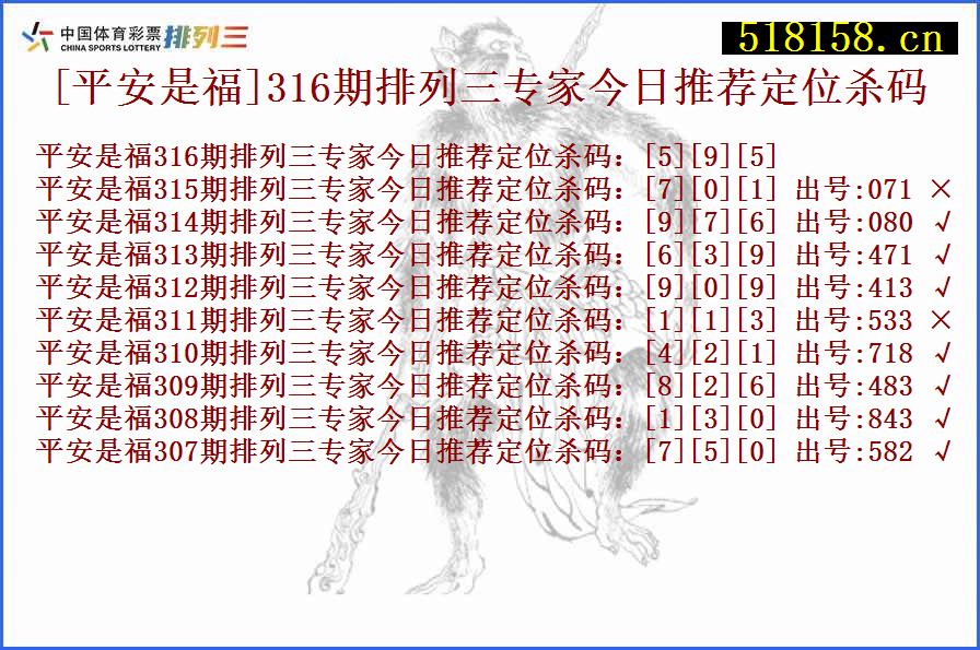 [平安是福]316期排列三专家今日推荐定位杀码