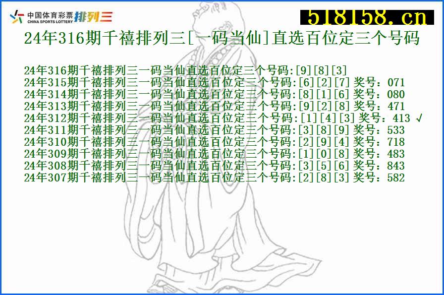 24年316期千禧排列三[一码当仙]直选百位定三个号码