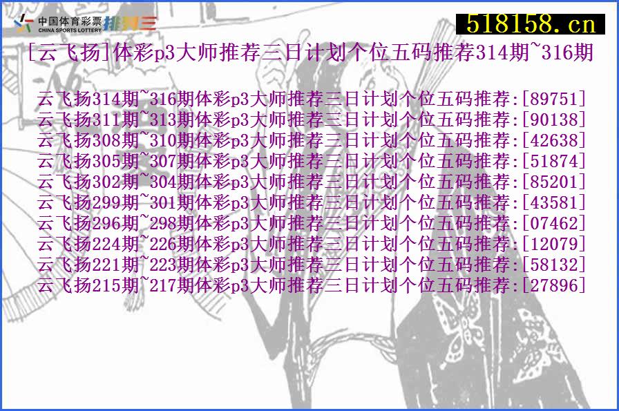 [云飞扬]体彩p3大师推荐三日计划个位五码推荐314期~316期