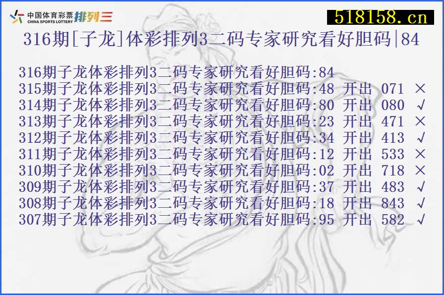 316期[子龙]体彩排列3二码专家研究看好胆码|84