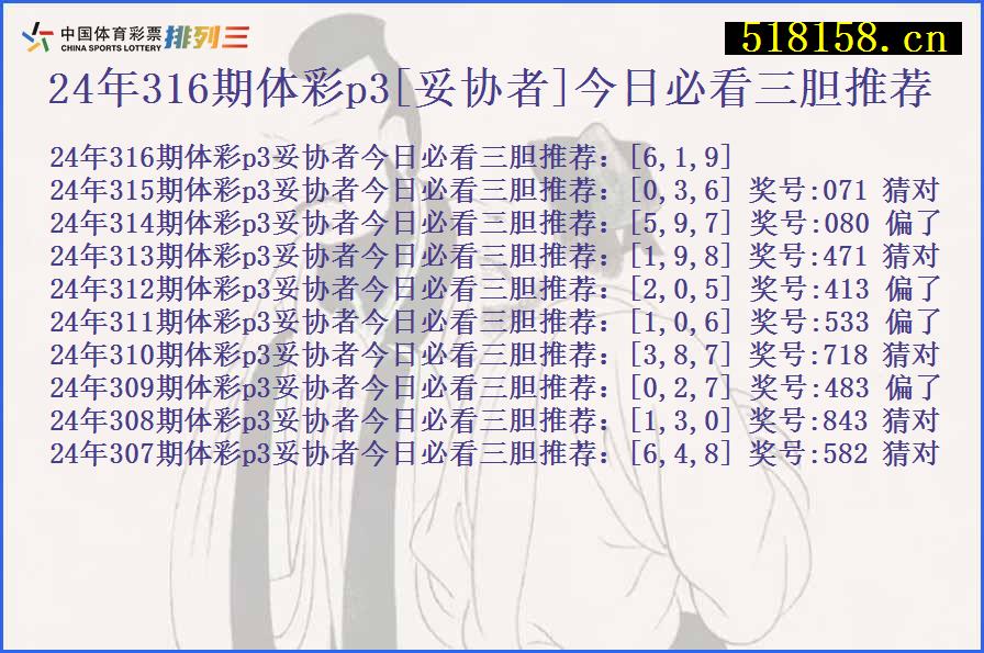 24年316期体彩p3[妥协者]今日必看三胆推荐