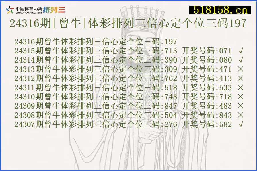 24316期[曾牛]体彩排列三信心定个位三码197