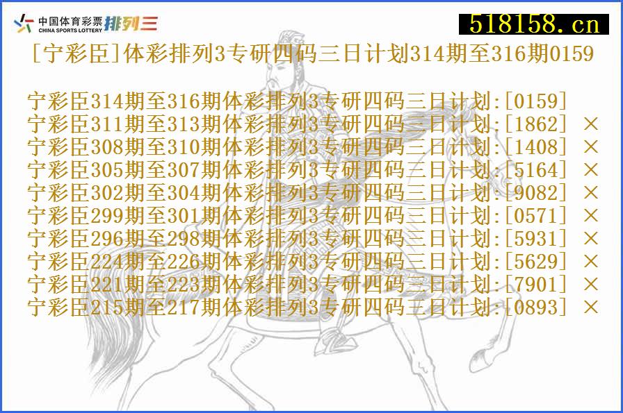 [宁彩臣]体彩排列3专研四码三日计划314期至316期0159