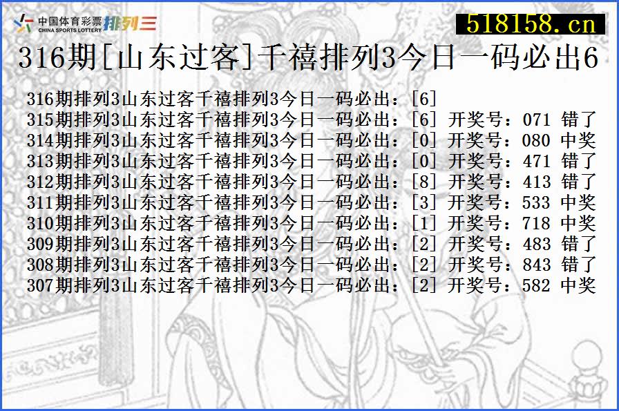 316期[山东过客]千禧排列3今日一码必出6