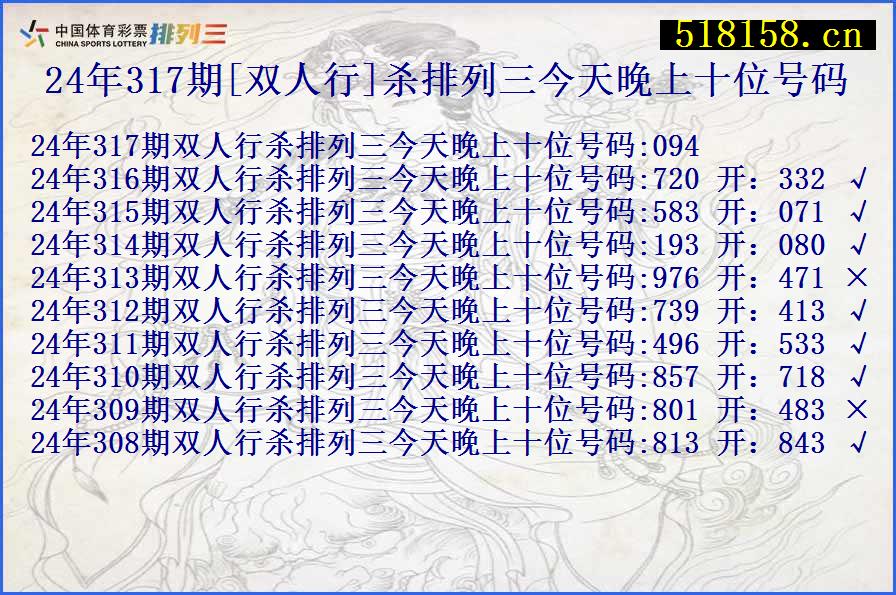 24年317期[双人行]杀排列三今天晚上十位号码