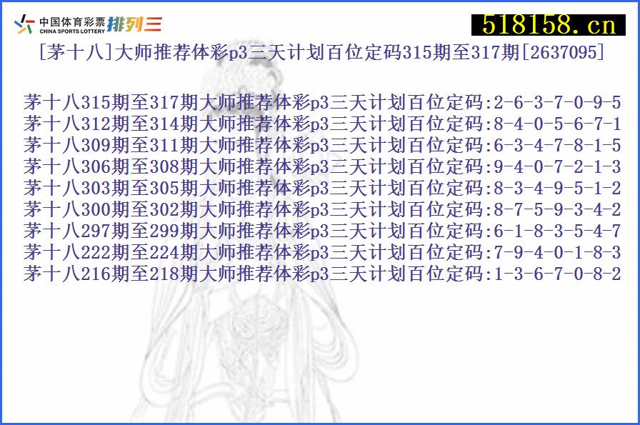 [茅十八]大师推荐体彩p3三天计划百位定码315期至317期[2637095]