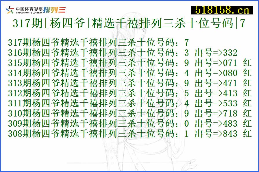 317期[杨四爷]精选千禧排列三杀十位号码|7