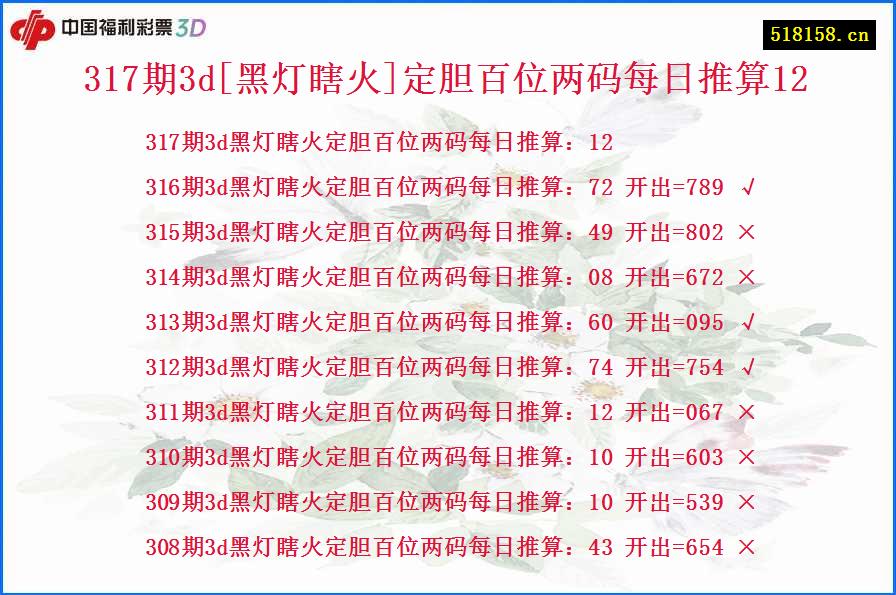 317期3d[黑灯瞎火]定胆百位两码每日推算12